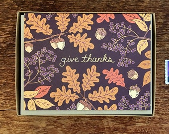 Give Thanks Fall Leaves Acorns Card, Thank You, Thanksgiving, Boxed Set of 6 Foil Holiday Greeting Cards