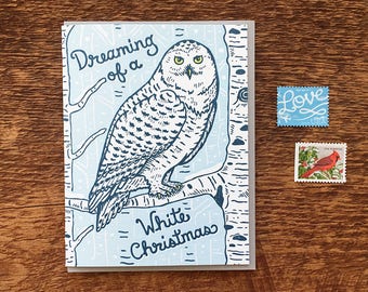 White Christmas, Snowy Owl Christmas Card, Holiday Card, Letterpress Folded Note Card, Blank Inside