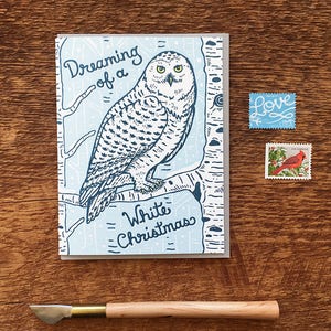 Witte Kerst, Sneeuwuil Kerstkaart, Vakantiekaart, Letterpress Gevouwen Notitiekaart, Blanco Binnenkant