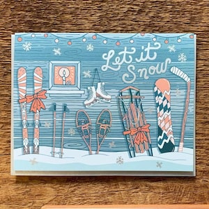 Tarjeta navideña Let It Snow, tarjeta navideña de aventura, tarjeta con notas impresas en papel de aluminio, interior en blanco