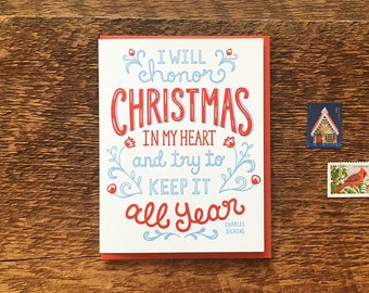 Christmas in my Heart, Charles Dickens Quote, Letterpress Folded Note Card, Blank Inside