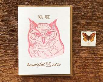 Wise Owl, Beautiful and Wise, Friendship Card, Letterpress Note Card, Blank Inside