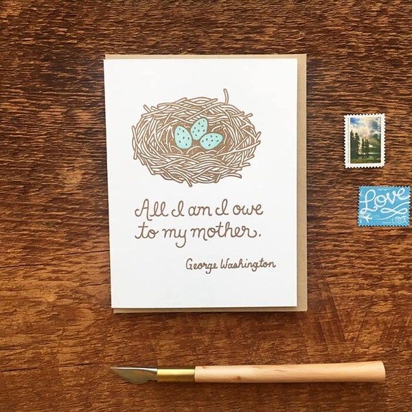 My Mother, Mother's Day Card, Robin's Egg Nest, George Washington Quote, Folded Letterpress Card, Blank Inside