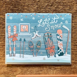 Let It Snow Holiday Card, Adventure Holiday Card, Foil Printed Note Card, Blank Inside