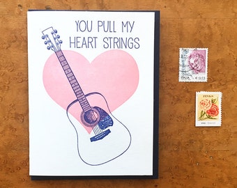 You Pull My Heart Strings, Love Card, Valentines Card, Letterpress Note Card, Blank Inside
