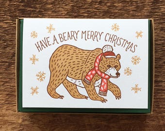 Beary Merry Christmas, Christmas Bear Cards, Boxed Set of 6 Holiday Cards, Letterpress Holiday Cards, Christmas Cards