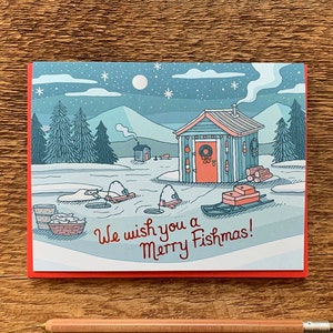 Merry Fishmas Holiday Card, Ice Fishing Christmas Card, Foil Printed Note Card, Blank Inside
