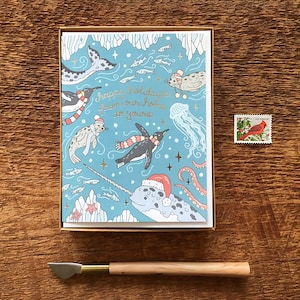 Tarjetas navideñas del océano, tarjetas navideñas de criaturas marinas, tarjetas de narval, juego de 6 tarjetas con notas impresas en papel metálico, interior en blanco