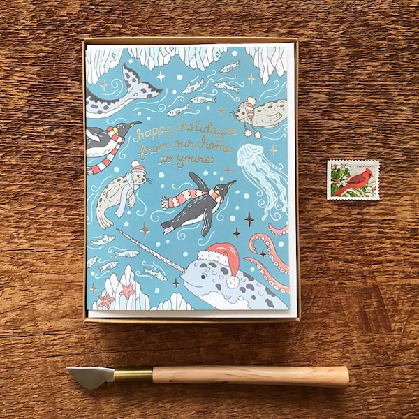 Ocean Holiday Cards, Sea Creatures Holiday Cards, Narwhal Cards, Boxed Set of 6 Foil Printed Note Cards, Blank Inside