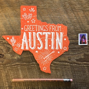 Cartolina Austin Texas, Saluti da Austin, Cartolina Die Cut Letterpress State Card