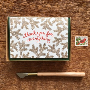 Merci branches cartes, boxed Cartes de remerciement, Vacances Merci, Coffret de 6 cartes Letterpress, Blank Inside