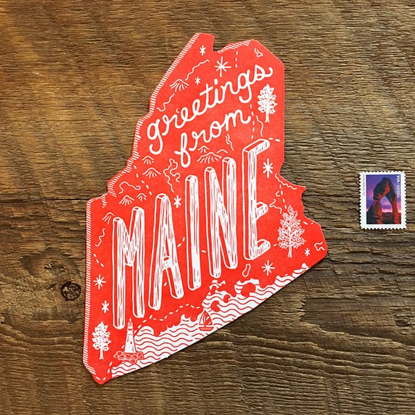 Maine Postcard, Greetings from Maine, Die Cut Letterpress State Postcard