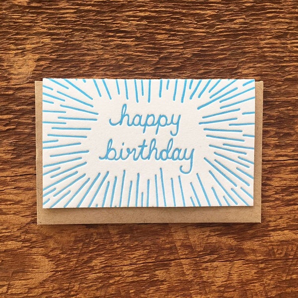 Happy Birthday Beams, Enclosure Card, Gift Card, Mini Card, Letterpress Folded Mini Card