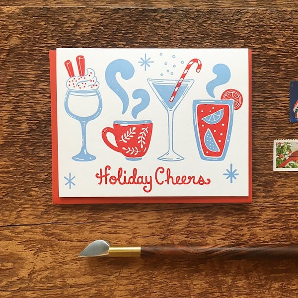 Holiday Cheers, Holiday Cocktails, Letterpress Folded Note Card, Blank Inside