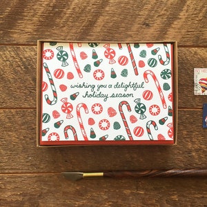 Caramelo navideño, juego en caja de 6 tarjetas navideñas tipográficas, tarjetas de Navidad