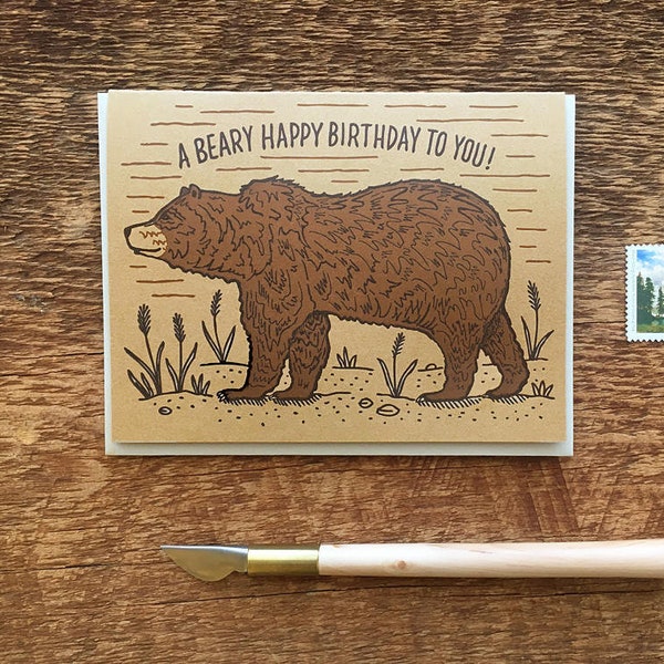 A Beary Happy Birthday to You, Grizzly Bear Birthday Card, Letterpress Birthday Card, Letterpress Folded Card, Blank Inside