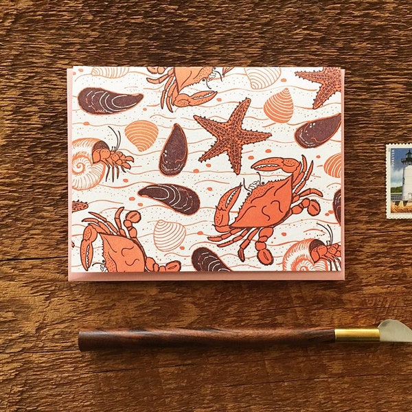 Crab Beach, Crabs Mussels Starfish and Clam Beach, Beach Card, Single Letterpress Card