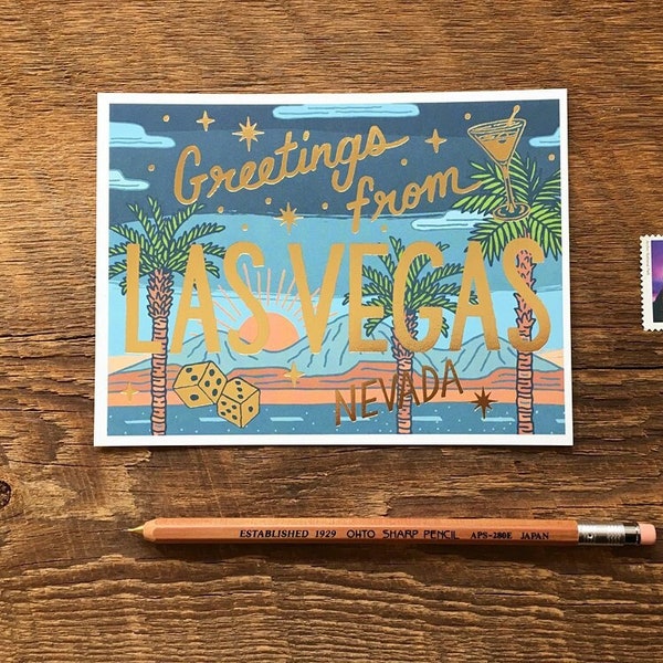 Postal de Las Vegas, Saludos desde Las Vegas, Papel de aluminio y Postal impresa digitalmente