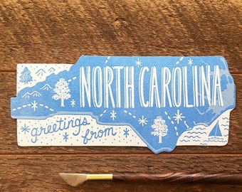 North Carolina Postcard, Greetings from North Carolina, Single Die Cut Letterpress State Postcard