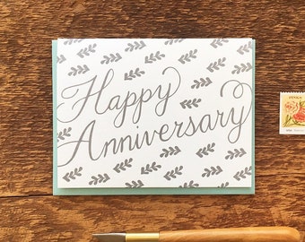 Happy Anniversary, Silver Branch Pattern, Letterpress Note Card, Blank Inside