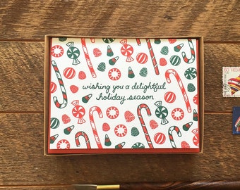 Holiday Candy, Boxed Set of 6 Letterpress Holiday Cards, Christmas Cards