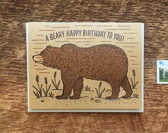 A Beary Happy Birthday to You, Grizzly Bear Birthday Card, Letterpress Birthday Card, Letterpress Folded Card, Blank Inside