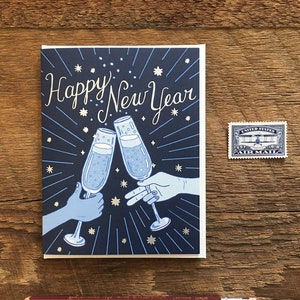 Happy New Year, New Year Champagne Card, Foil and Digitally Printed Folded Note Card, Blank Inside