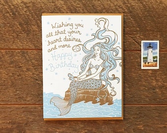 Happy Birthday Mermaid, Mermaid Birthday Card, Kids Birthday Card, Letterpress Card