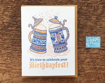 Birthdayfest, Oktoberfest Birthday, Beer Birthday Card, Beerthday Card, Letterpress Folded Card, Blank Inside