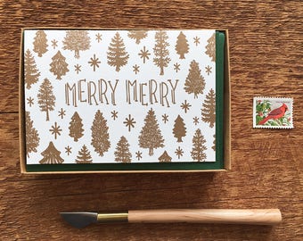 Merry Merry, Gold Pine Tree Pattern Card, Boxed Set of 6 Holiday Cards, Letterpress Holiday Cards, Christmas Cards