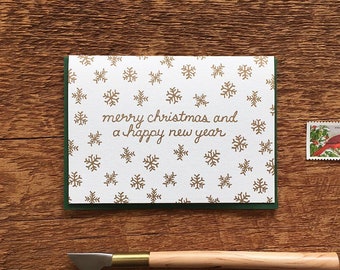 Christmas & New Year, Gold Snowflakes,  Holiday Card, Letterpress Folded Note Card, Blank Inside