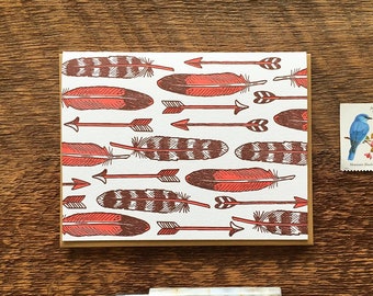 Arrows & Feathers Card, Outdoors Stationery, Letterpress Note Card, Blank Inside