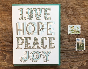 Love Hope Peace Joy, Holiday Type Card, Letterpress Folded Note Card, Blank Inside