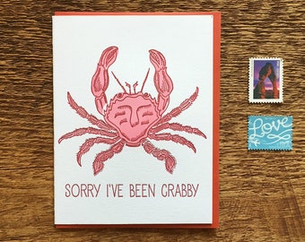 Sorry I've Been Crabby, Crab Card, Sorry Card, Letterpress Note Card, Blank Inside