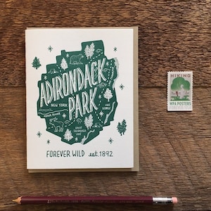 Adirondack Park wenskaart, Adirondack Park New York, a2 gevouwen notitie kaart, blanco binnenin