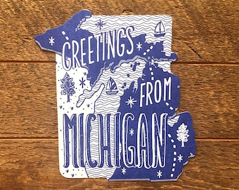 Michigan Postcard, Greetings from Michigan, Single Die Cut Letterpress State Postcard