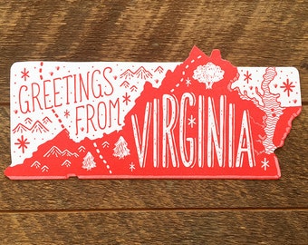 Virginia Postcard, Greetings from Virginia, Single Die Cut Letterpress State Postcard