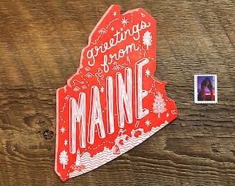 Maine Postcard, Greetings from Maine, Die Cut Letterpress State Postcard