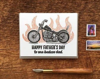 Happy Father's Day, Badass Dad, Motorcycle Dad, Motorcycle and Flames Card, Folded Letterpress Card, Blank Inside