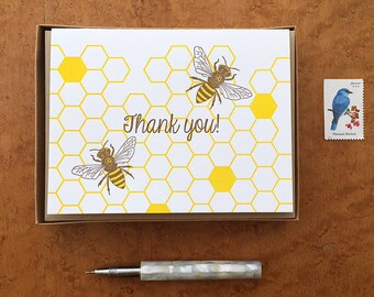 Thank you Honey Bees, Thank You Cards, Boxed Set of 6 Letterpress Cards, Blank Inside