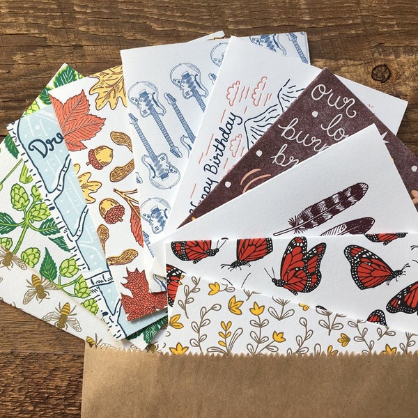 SALE!! 10 for 10 Greeting Card Mystery Grab Bag, Sale Cards, Letterpress Folded Note Card Seconds, Blank Inside