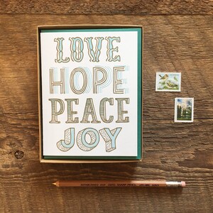 Love Hope Peace Joy, Carte de type vacances, Cartes de note pliées à la presse à lettres, Ensemble en boîte de 6