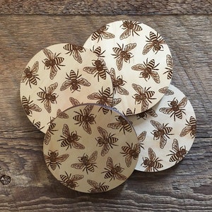 Honey Bee Pattern Coasters, Set of 4 Wood Coasters
