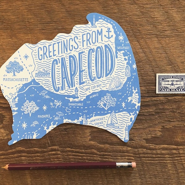 Cape Cod Postcard, Greetings from Cape Cod Massachusetts, Die Cut Letterpress Postcard