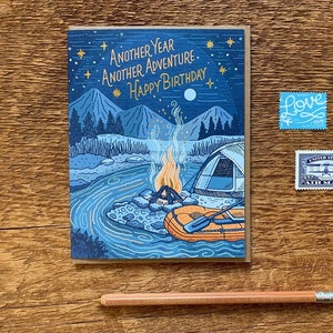 Campfire Birthday Card, Adventure Birthday Card, Foil Printed Card, Blank Inside