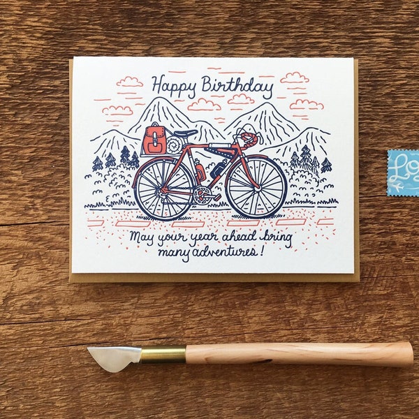 Birthday Bicycle Card, Happy Birthday Card, Birthday Adventure, Letterpress Birthday Card, Letterpress Folded Card, Blank Inside