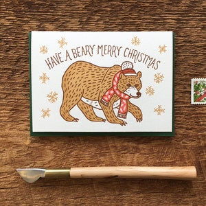 Joyeux Noël Beary, Carte de Noël avec ours, Carte de vœux, Carte de correspondance pliée en typographie, Vierge à l'intérieur