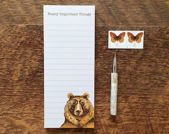 Grizzly Bear Notepad, Beary Important Things, 3.5 x 8.5 List Pad with Attachable Magnet