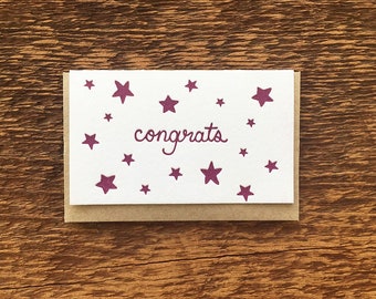 Congrats Purple Stars, Enclosure Card, Gift Card, Mini Card, Letterpress Folded Mini Card