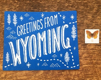 Wyoming Postkarte, Grüße aus Wyoming, die geschnitten Buchdruck State Postkarte